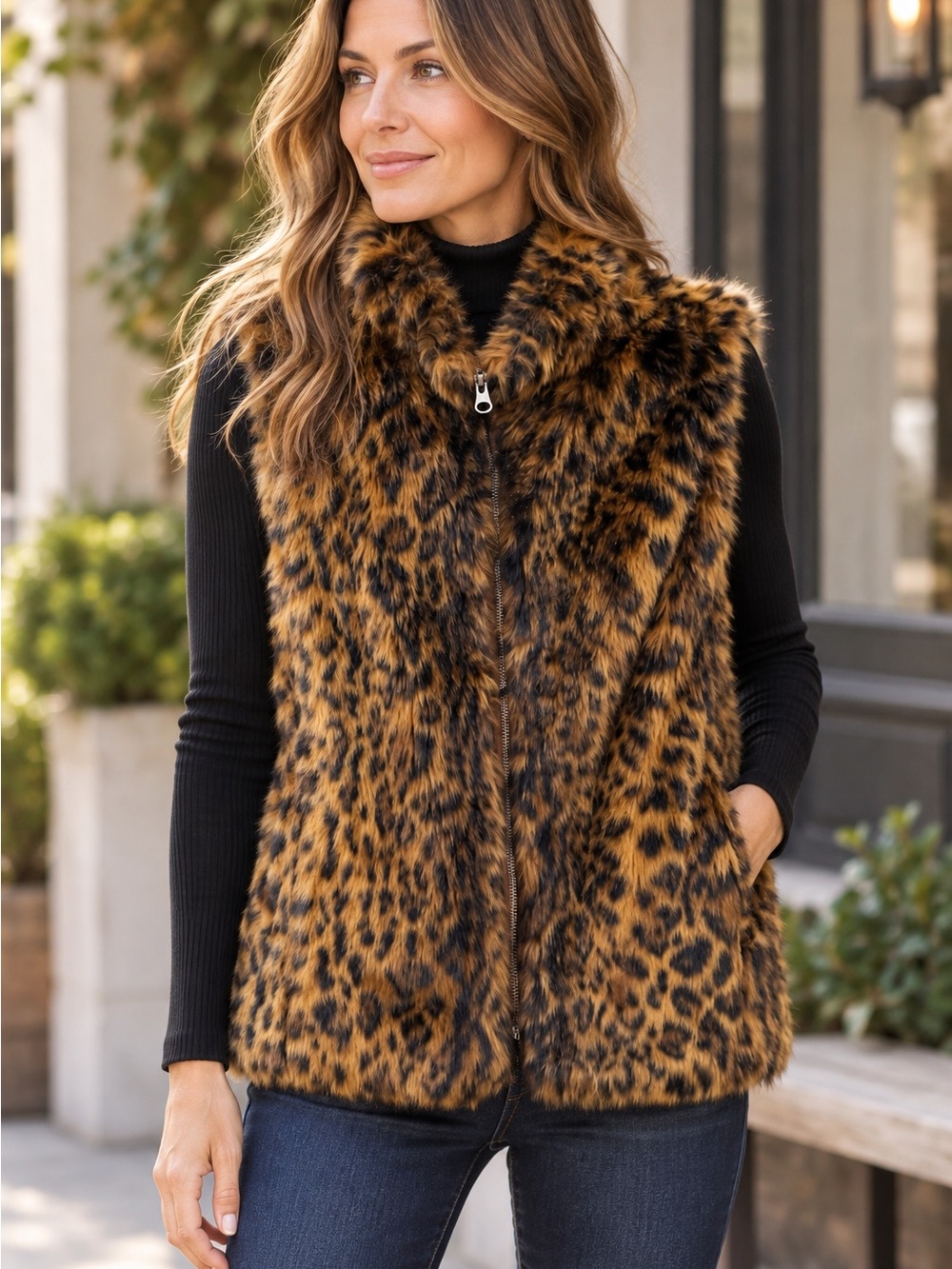 J. Crew faux fur leopard vest, size Small